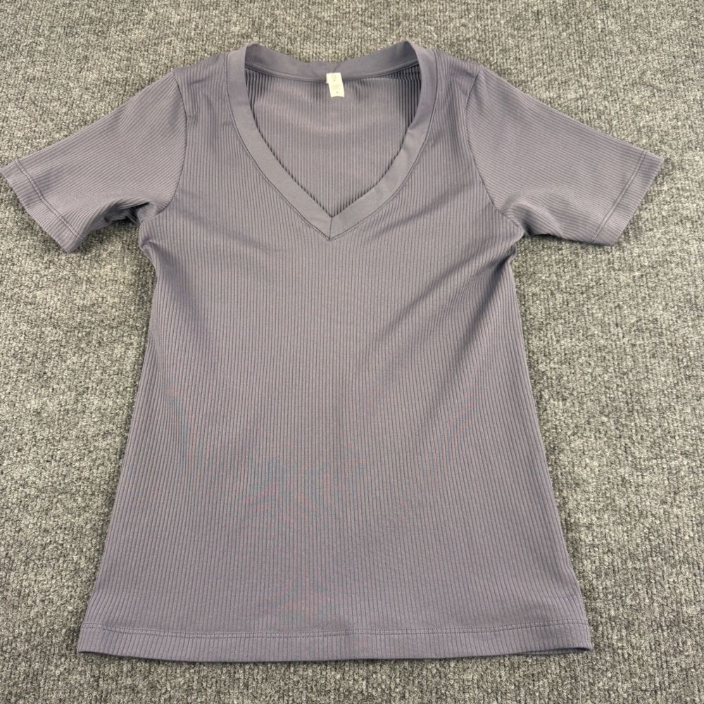Athleta V-Neck Ribbed Top Women Small Purple Excellent Short Sleeve Casual